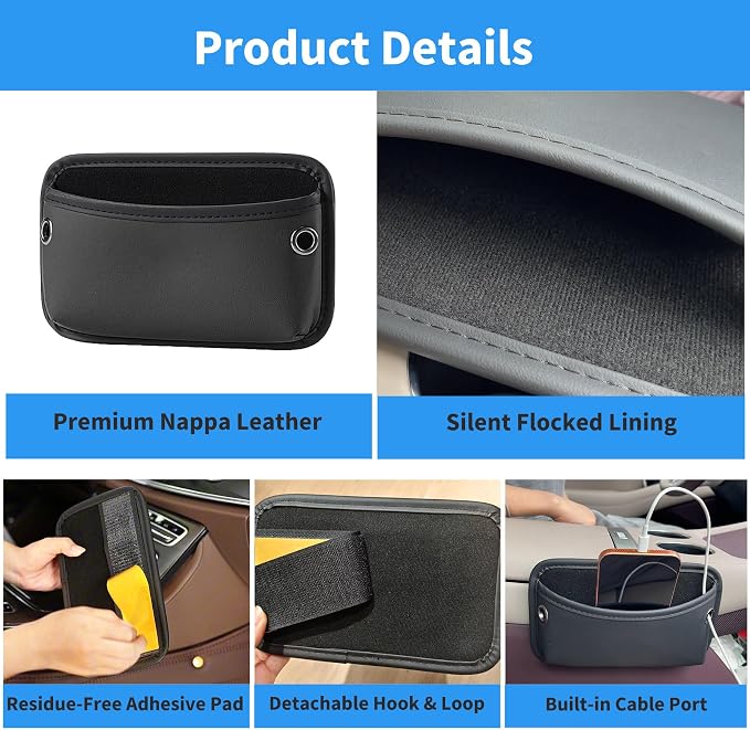 Car Seat Side Pocket Organizer, Nappa Leather Car Trunk Pouch Organizers and Storage, Small Car Side Seat Storage Bag for Auto Front Seat Back Seat Door Console Phone Sunglasses Cards Pen (Black-1PC) - Image 2