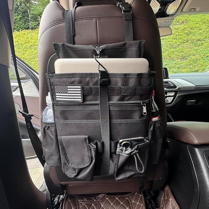 2 Pack Front or Seat back organizer seat side pocket with dedicated tablet and 17 IN laptop storage stabilizers external stabilizing side straps soft adjustable shoulder straps (Large Black) - Image 7