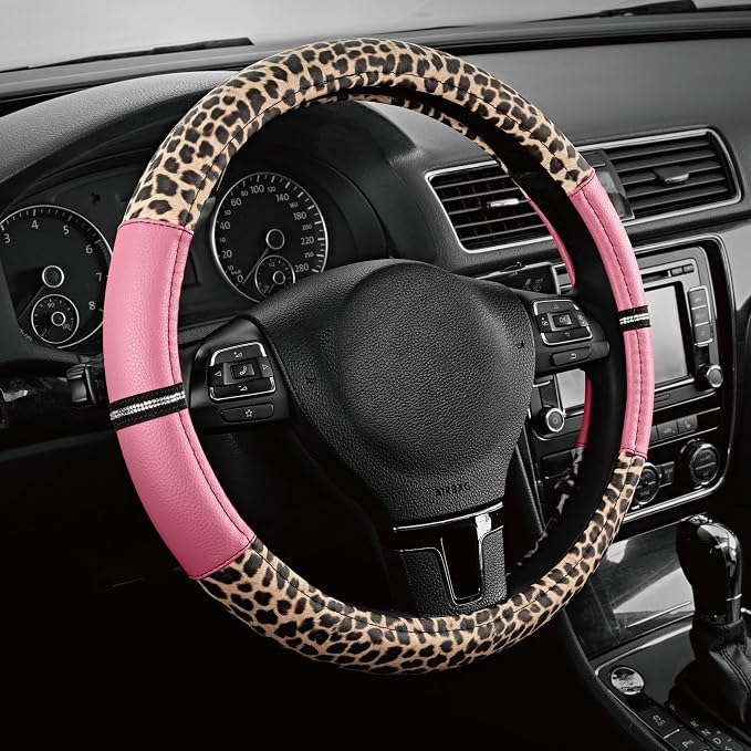 Road Comforts Leopard Steering Wheel Cover for Women, Cute Anti-Slip Microfiber Leather, Universal Fit 14.5-15 Inch Round Steering Wheel - Pink by RoadComforts