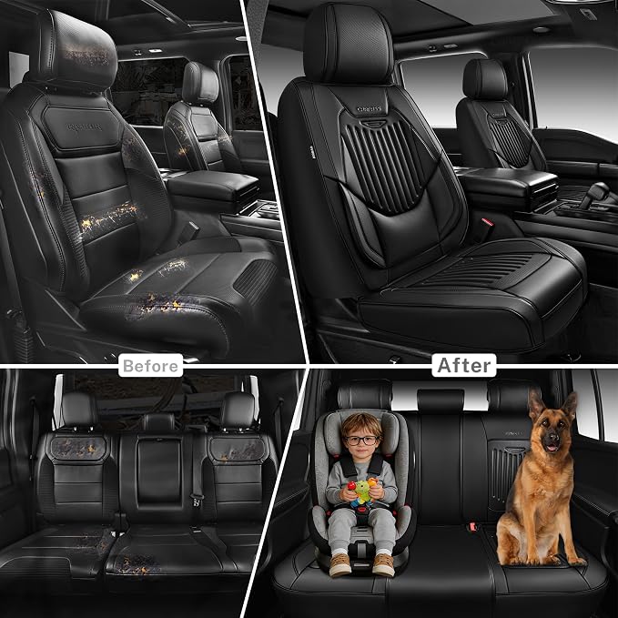 CAR PASS Luxury Nappa Leather Car Seat Covers Full Set, Lumbar Support Seat Covers for Car 5 Seats, Waterproof Car Seat Protector, Automotive Seat Covers Universal Fit for Most Sedans SUV Trucks Black - Image 6