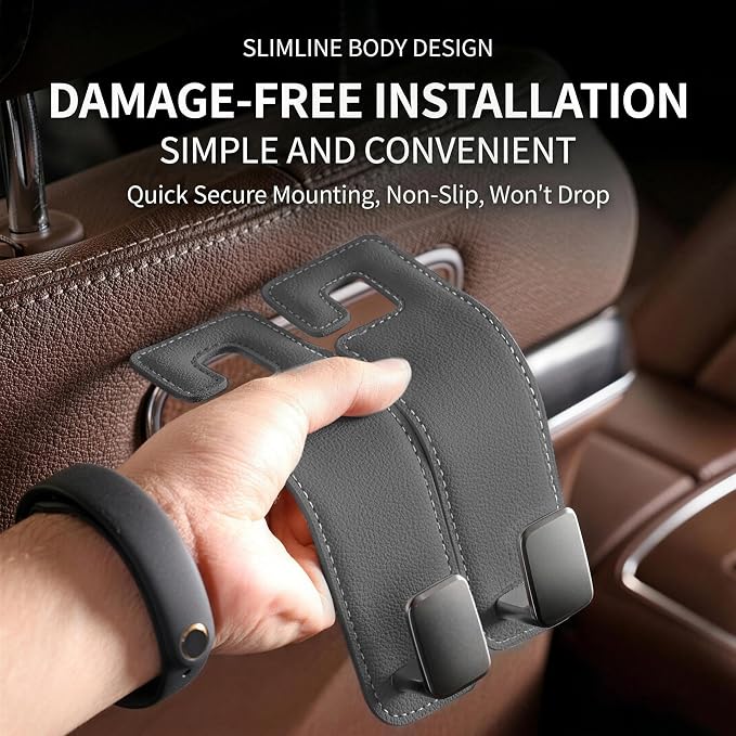 Car Headrest Hook,Premium Leather Back Seat Hanger for Purse & Bags | Solid 40lb metal core,360-degree silent rotation,space-saving hidden folding,durable dual support (2, Suede Grey) - Image 5