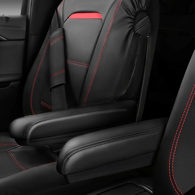 CAR PASS Leather Car Seat Cover Full Set with Steering Wheel Cover and 2PCS Seat Belt Shoulder Pads,for Trucks and SUV with Built-in Seatbelts and Front Seat Side Armrests(Combo Set, Black and Red) - Image 8