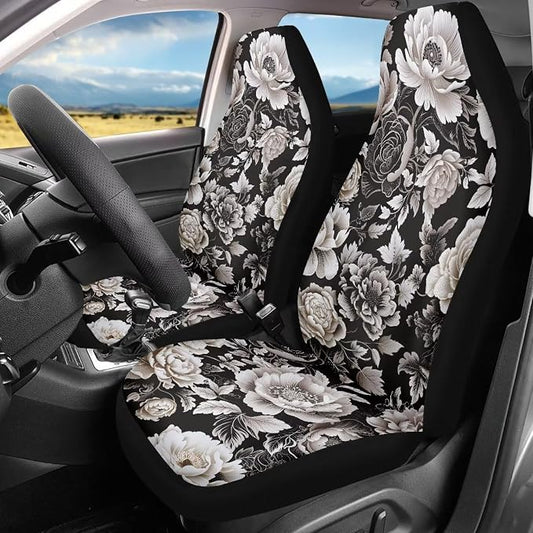 Black White Flower Universal Front Seat Covers, Pack of Two Easy to Install Fit for Trucks Vans SUV Sedans Automotive Comfortable - Image 2