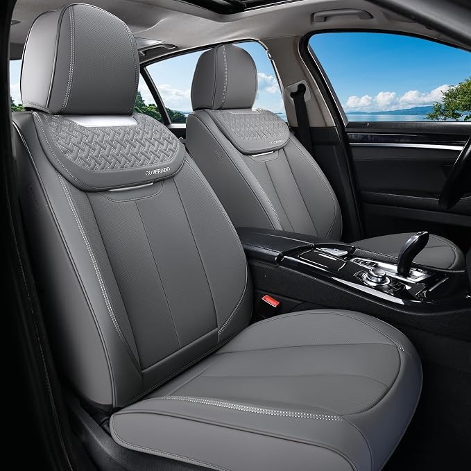Coverado Car Seat Covers Front Seats, Luxury Nappa Leather Waterproof Seat Covers for Cars, Universal Front Seat Covers, Driver Seat Protector Automotive Interior Accessories Fit for Most Cars,(Gray) by COVERADOAUTO