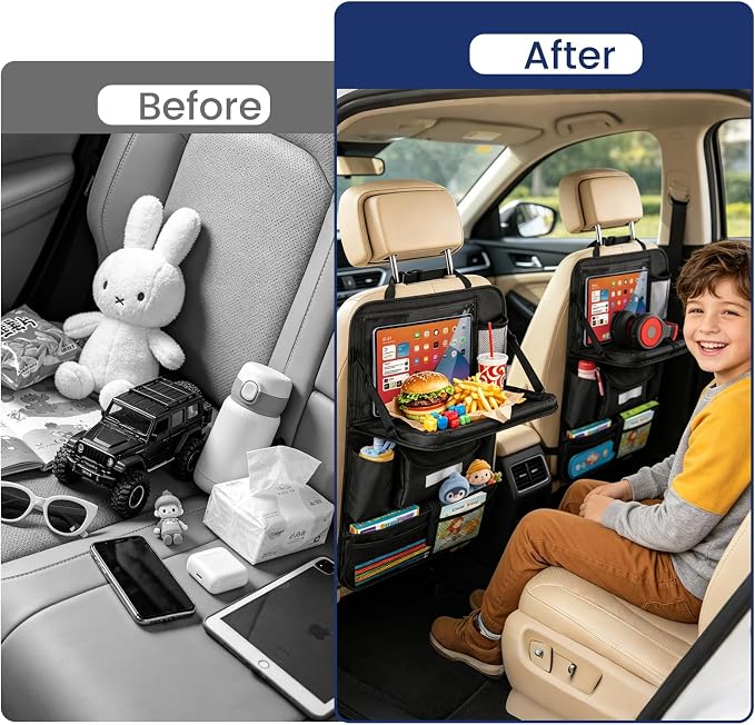 MoKo Car Organizer Back Seat, 8 Pockets Foldable Tray 600D Black, 1 Pack | 600D Oxford Backseat Car Organizer, Back Seat Organizer with Foldable Table Tray and Transparent Tablet Pocket for Road Trip - Image 5