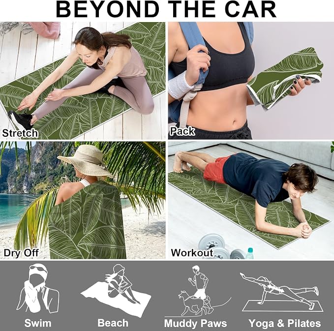 2 Pack Car Towels Seat Cover with Storage Bag, Multifunctional Microfiber Towel for Gym Outdoor Sport Running,Picnic, Beach, Pet Dog Travel,Fits Car SUV Truck (Tropic Leaves) - Image 5