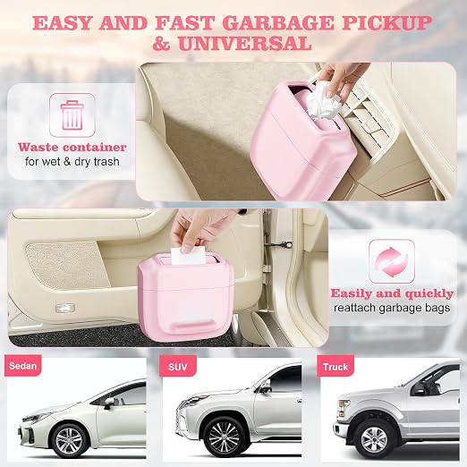 1 Pack Car Trash Can with Lid, Built-in Storage Garbage Bag, Pink | Leakproof Car Door Trash Can with Hook, for women, 30pcs Trash Bags, Mini Automotive Garbage Bin for Vehicle, Office, Home - Image 7