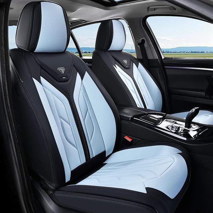 Coverado Seat Covers, Car Seat Covers Front Seats, Leather Seat Covers for Cars, Automotive Seat Covers Car Seat Protector Car Seat Cushion Universal Fit for Most Sedans SUV Truck(Black&Light Blue) by COVERADOAUTO