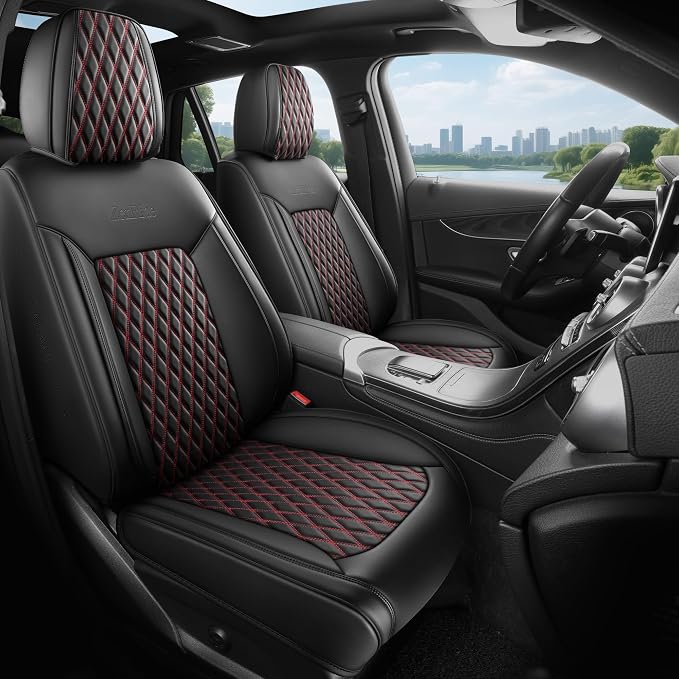 Black and Red Thick Nappa Leather Automotive Front Car Seat Covers Set of 2 | Univerasal Fit,3D Contoured,Waterproof,ThickTexture Nappa Leather,for most Suvs Trucks Sedans by ZenRideCarCare
