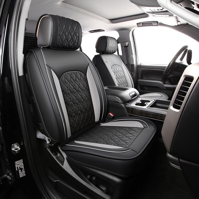 JOJOBAY Chevy Silverado Seat Covers,Leather Seat Covers for GMC Sierra,Custom Fit 2007-2024 1500 2500HD 3500HD Crew Double Extended Regular Cab,LT LZT RST(Full Set,Black Grey) by JOJOBAY