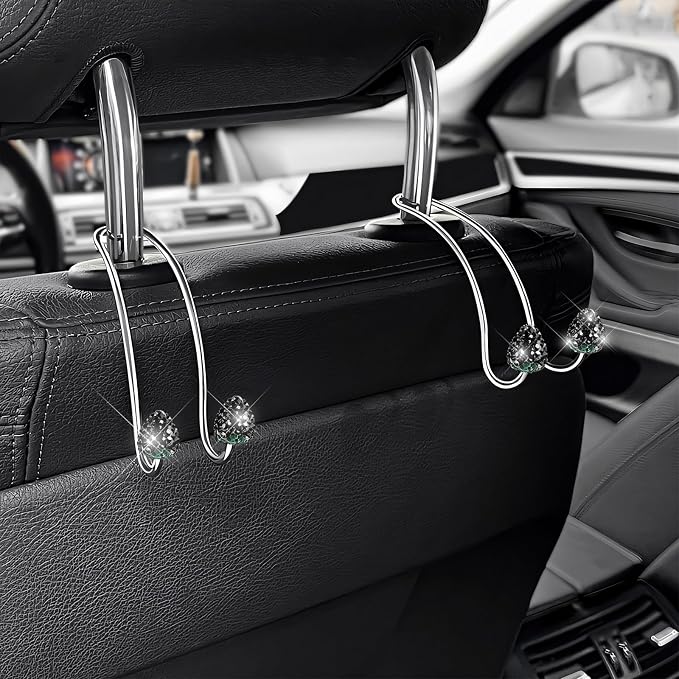 2 PCS Car Headrest Hooks Decorations, Bling Strawberry-Shaped Auto Backseat Hangers, Stainless Steel Purse Hook Diamond Seat Back Storage Holder for Most Cars Trucks SUVs (Black) - Image 6