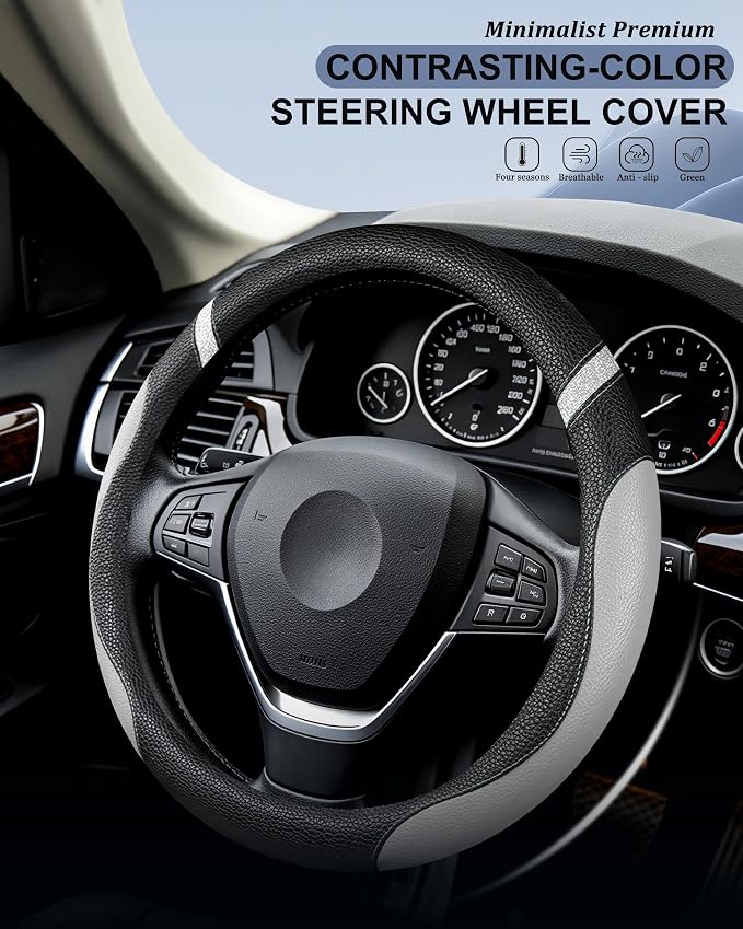 Steering Wheel Cover for Men Women Leather Universal Steering Wheel Covers for Car 15inch (Gray) - Image 3