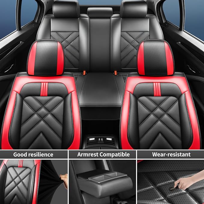 Seltos Car Seat Covers Custom Fit for Kia Seltos 2021-2026, Full Coverage Leather Waterproof Breathable Seat Covers Full Set, Automotive Seat Protectors, Airbag Compatible(5 Seats, Red & Black) - Image 4