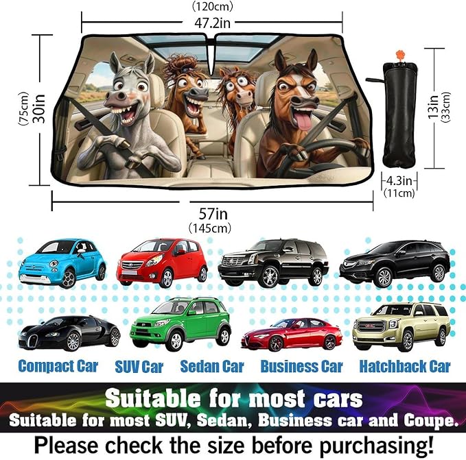 Socira Funny Horse Car Windshield Sun Shade Umbrella Foldable Sunshade | for Front Window Auto Windshield Sunshade Covers Horse Car Accessories Protect from Sun Rays Heat Gifts 57'' X 30'' - Image 3