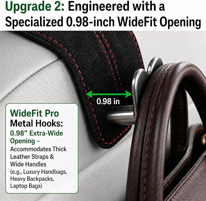 WideFit Car Headrest Hooks, 2 Pack for Wide-Strap Bags, Gray | 0.98 in opening fits thick purse straps. Premium leather and dual metal hooks hold up to 40 lb and rotate 360°. - Image 3