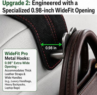 WideFit Car Headrest Hooks, 2 Pack for Wide-Strap Bags, Gray | 0.98 in opening fits thick purse straps. Premium leather and dual metal hooks hold up to 40 lb and rotate 360°. - Image 3
