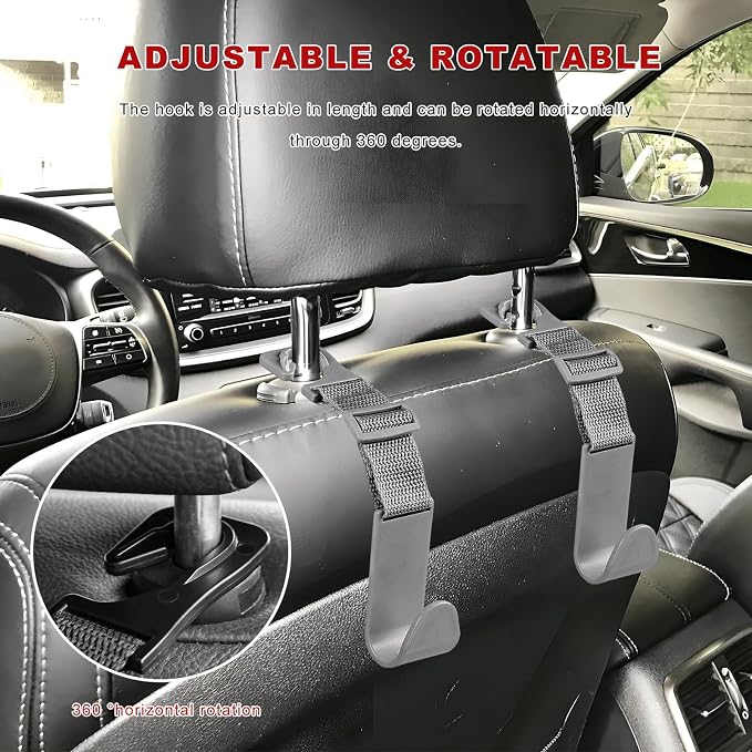 4PCS Car Seat Headrest Hook, Adjustable Vehicle Backseat Hanger Storage Organizer, Universal Seat Back Holder Hooks for Purse Coat Grocery Bag, Car Accessories (Gray) - Image 3