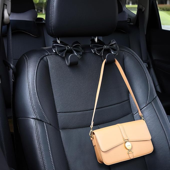 Car Seat Headrest Hooks, Leather Cute Bow Vehicle Hooks for Purses and Bags, Automotive Purse Hook Hanger Interior Decoration Accessories, Universal for SUV, Sedan, Truck (Black, 2 Pack) - Image 3