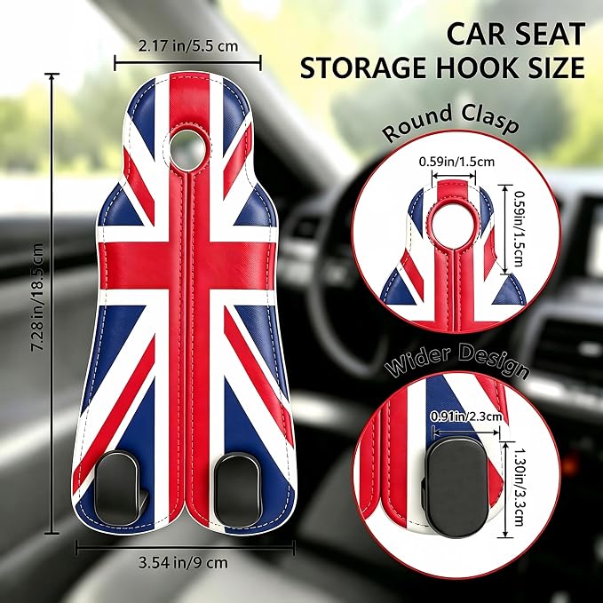 Car Seat Back Headrest Hooks - 2 Pack, Union Jack Pattern Purse Hook for Car, Metal Leather Multifunctional Auto Hanger Organizer for Bags Water Bottles Phones - Image 2