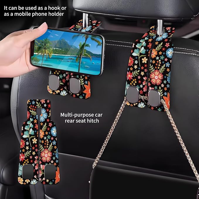 Car Seat Back Storage Headrest Hook, Premium Leather Double Metal Hook, Hanger Storage Organizer for Purse Cloth Bag, Car Interior Accessories Red Boho Flowers - Image 2