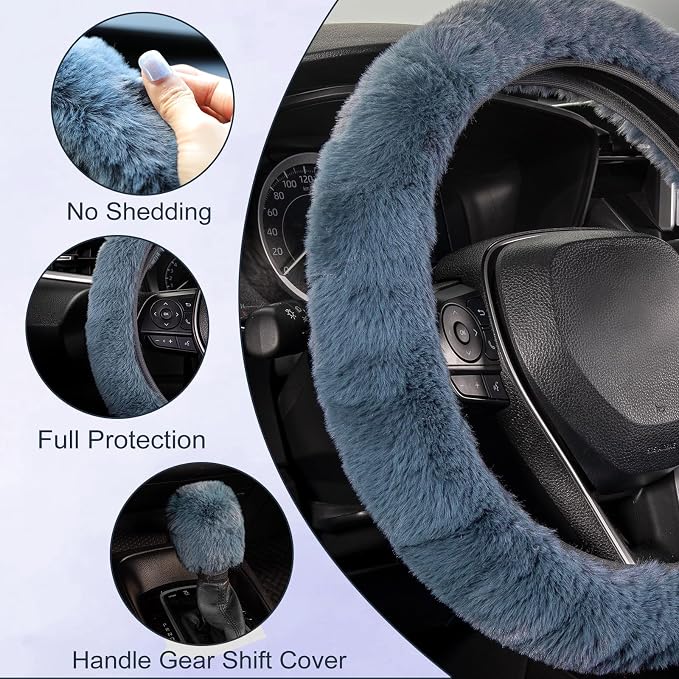 SEG Direct Furry Steering Wheel Cover Fluffy Fuzzy Gear Shift, Blue Gray | Gear Shift Cover, 2 PCS Set, Soft and Warm, Cute Fur Auto Car Decor, Standard Size 14.5- 15 inch for Women Men - Image 4