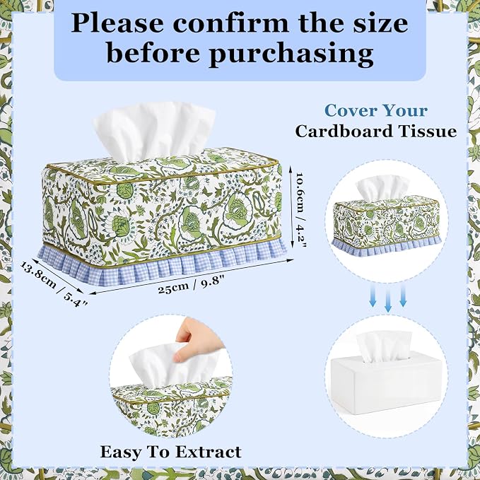 Block Print Fabric Tissue Box Cover, Floral Cluster, Bean Green | Rectangular Ruffle Sleeve, Decorative Holder for Bathroom Vanity Car, Napkin Dispenser Grand Millennial Boho Decor Home - Image 2