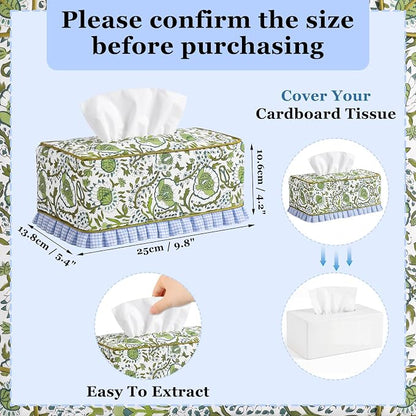 Block Print Fabric Tissue Box Cover, Floral Cluster, Bean Green | Rectangular Ruffle Sleeve, Decorative Holder for Bathroom Vanity Car, Napkin Dispenser Grand Millennial Boho Decor Home - Image 2