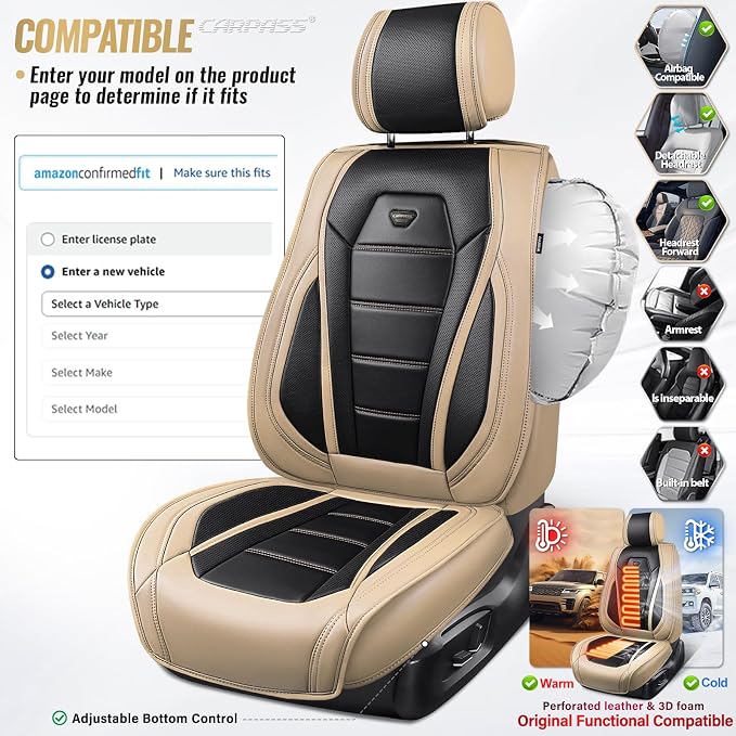 CAR PASS Nappa Leather Car Seat Covers Full Set Faux Leather, Black Beige | Luxury Nappa Leather,360° Full Protection,Water resistant,3D Foam Comfort,Universal Fit for Most Cars SUV Truck,Scratch proof - Image 6
