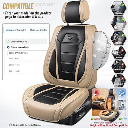 CAR PASS Nappa Leather Car Seat Covers Full Set Faux Leather, Black Beige | Luxury Nappa Leather,360° Full Protection,Water resistant,3D Foam Comfort,Universal Fit for Most Cars SUV Truck,Scratch proof - Image 6