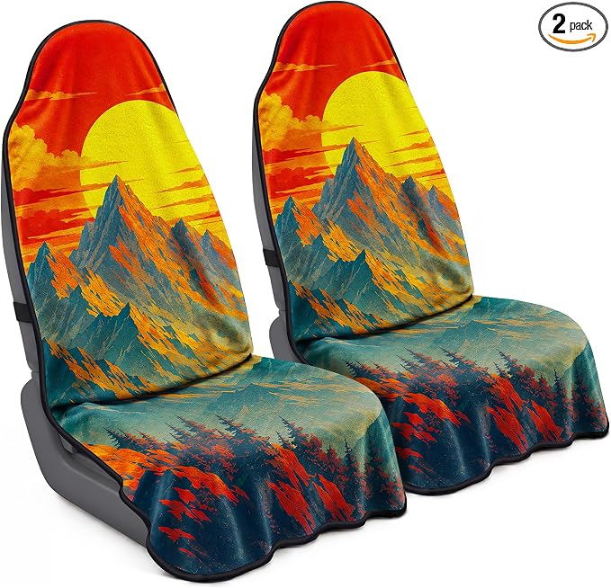 Car Seat Towel Cover 2 Pack for Front Seats, Sweat Absorbent Car Seat Protector with Non-Slip Backing, Waterproof Towel Car Seat Covers for Runners, Gym, Swimming, Beach, Mountain Sunset by Corthena