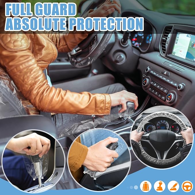 MYFAMIREA 250 PCS Disposable Car Seat Covers Clear Plastic Vehicle Seat Protector Set with Steering Wheel, Gear Shift and Handbrake Covers, Universal for Cars Auto Truck Bus Airplane - Image 6