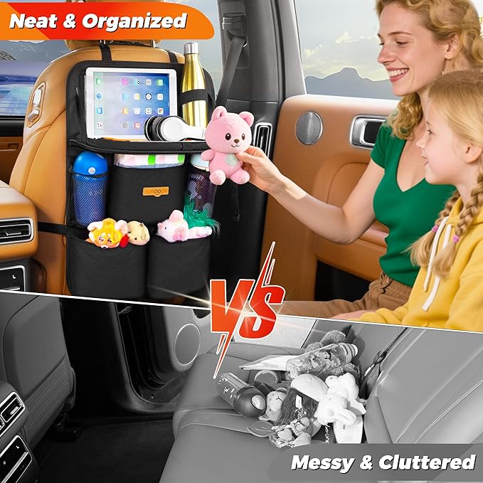 SURDOCA Backseat Car Organizer with Foldable Tray for Kids & Adults – NEW MODEL Seat Storage with Touchable Tablet Pocket, Roadtrip Essentials – Fits Most Vehicles - Image 4