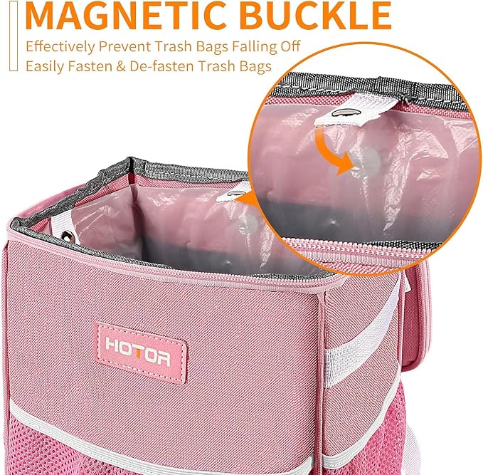 HOTOR Car Trash Can, Compact Waterproof Organizer, Leak-Proof Bin, 2-Gallon | Pink, Multifunctional Car Accessory with Adjustable Straps & Magnetic Snaps for Interior Car Storage - Image 3