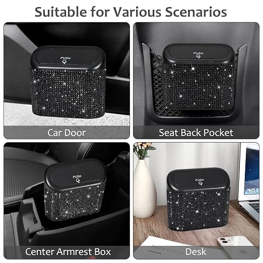 Accmor 2 Pack Bling Car Trash Can with Lid, Small Garbage Can, Auto Garbage Storage Bin with 90pcs Garbage Bags, Sparkling Crystal Trash Bags Holder for Car, Home, Office Storage (Black Rhinestone) - Image 7