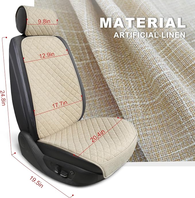 BOPUOVRE Linen Front Car Seat Covers Breathable Fabric | Car Seat Protector Universal Fit Cars Vans SUVs Trucks 2 Units Beige - Image 4