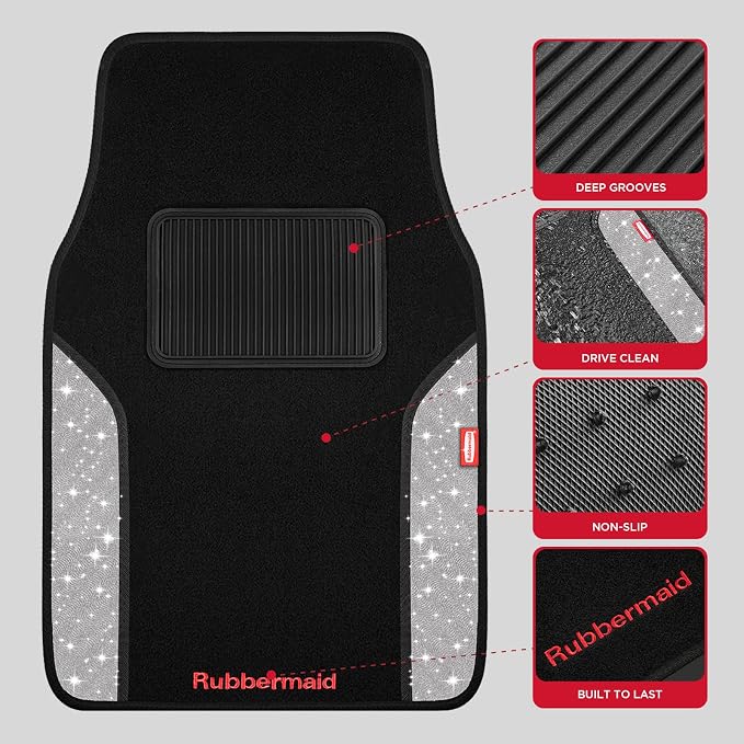 Rubbermaid Bling Car Mats, Carpeted Floor Car Mat with Faux Leather & Built-in Heel Pad, Two-Tone Car Rug Floor Mats, Stylish Carpeted Floor Mats for Cars, Trucks & SUVs Glitter Sliver Color - Image 3