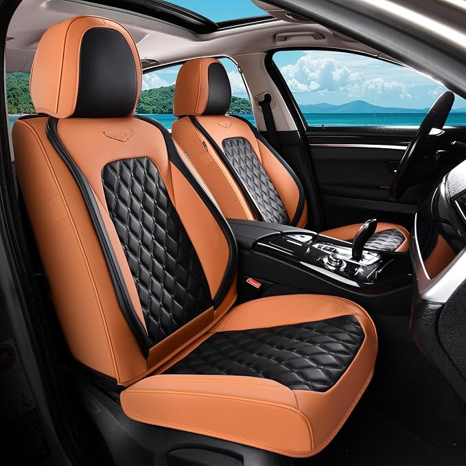 Coverado Car Seat Covers Front Seats, Vintage-Style Soft Waterproof Faux Leather Full Set with Rear Protectors, Comfortable Anti-Stain Interior for Most Vehicles – BrownBlack by COVERADOAUTO