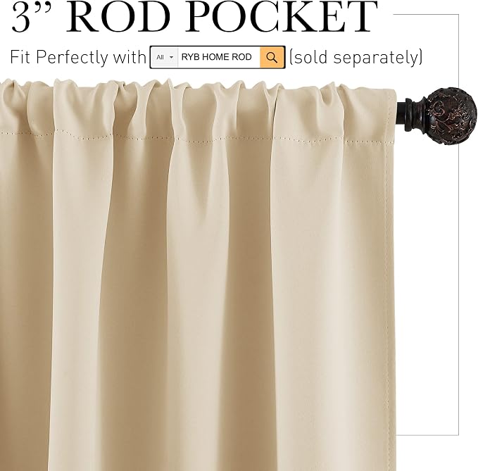 RYB HOME Cafe Curtains 30 inch Length, Short Window Curtain Tiers | Light UV Heat Blocking,Energy Saving,Privacy,For Basement Bathroom Kitchen Window,W29 x L30,Biscotti Beige,2 Panels - Image 2