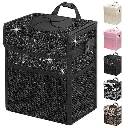 Capolo Car Trash Can with Lid, Leakproof Car Garbage Can Car Trash Bag | Waterproof Trash Can for Car, 3 Mesh Pockets, Mini Hanging Vehicle Car Trash Bin, for Back/Front Seat (Sparkly Black,2.5 Gal) by Capolo