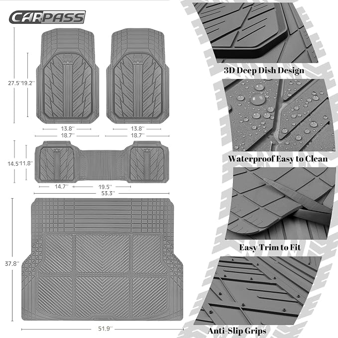 CAR PASS Floor Mats for Cars M-L Size, Heavy Duty Rubber Floor Mats with Trunk Cargo Liner, Universal Trim-to Fit Automotive Floor mats for Truck Van SUV Waterproof All Weather Car Mats All Gray - Image 3