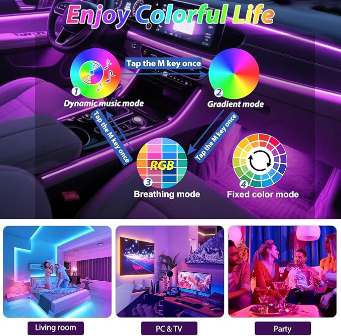 6 in 1 Car Led Strip Lights with App Control, RGB Colors Interior Car Lights, Ambient Led Lighting Kit, 4 Light Flashing Modes, USB Neon Accessories for Doors, Center Console - Image 5