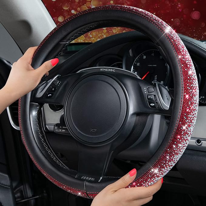 CAR PASS Bling Diamond Leather Steering Wheel Cover, Bling Sparkly Crystal Glitter Rhinestones Universal Fit 14" 1/2-15" Car Wheel Protector for Women Girl Fit Suvs,Vans,Sedans,Trucks, Red Silver - Image 2