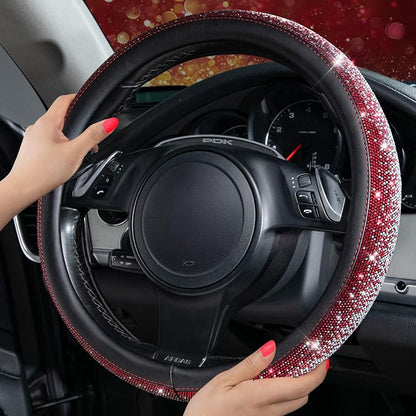 CAR PASS Bling Diamond Leather Steering Wheel Cover, Bling Sparkly Crystal Glitter Rhinestones Universal Fit 14" 1/2-15" Car Wheel Protector for Women Girl Fit Suvs,Vans,Sedans,Trucks, Red Silver - Image 2