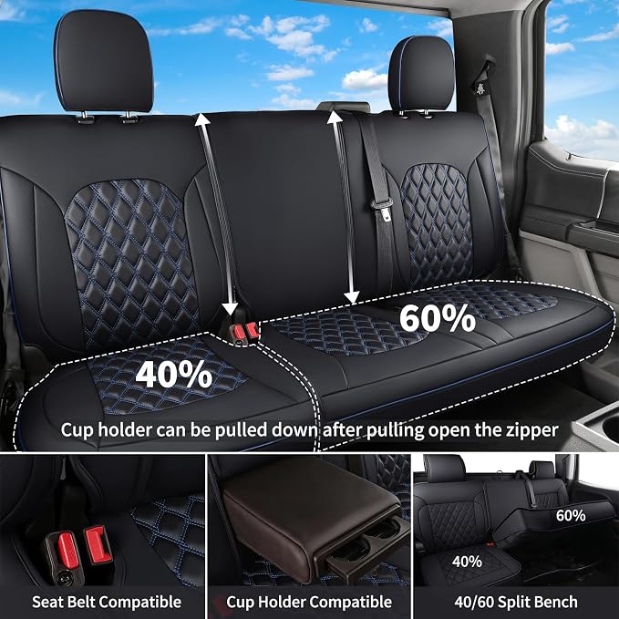Huidasource Custom Fit Ford F150 Rear Bench Split Leather Seat Covers Fit for 2015-2026 F150 SuperCrew & 2017-2026 F250 F350 F450 Super Duty Crew Cab Pickup King Ranch Platinum(Back Row/Black&Blue) - Image 3
