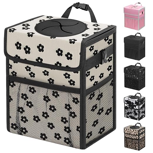 Capolo Car Trash Can with Lid, Leakproof Car Garbage Can Car Trash Bag | Waterproof, Trash Can for Car, 3 Mesh Pockets, Mini Hanging Vehicle Car Trash Bin, for Back/Front Seat (Black Flower,3 Gal) by Capolo