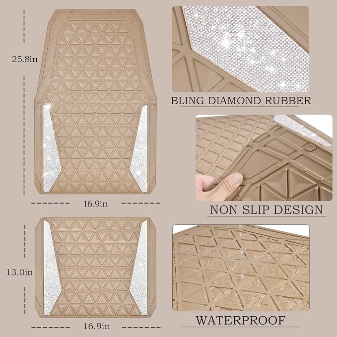 CAR PASS Bling Diamond Car Mats Rubber Floor Mats Full Set Anti-Slip 3D Rhombus Waterproof Trim to Fit Liner Universal Glitter Crystal Sparkly Shining Rhinestone Girl Women SUV Sedan Van, Beige Rubber - Image 5