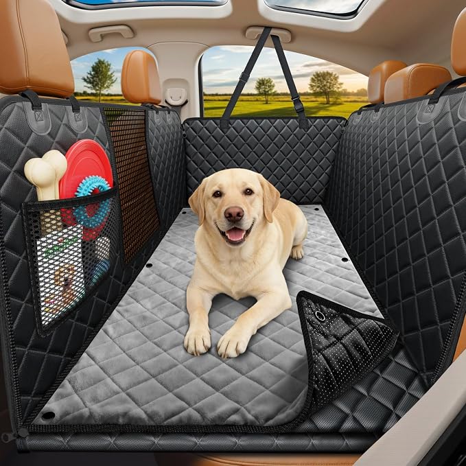 URPOWER Hard Bottom Dog Car Seat Cover, Back Seat Extender with Blanket | 400 lbs Support, 45% More Space, Waterproof, Mesh Window, Scratch Resistant, Non-Slip, Easy Care, Dog Seat Belt Included by URPOWER