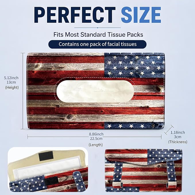 Car Tissue Holder, Cute Sun Visor Napkin Holder Backseat Tissue Case, PU Leather Tissue Box, Funny Car Accessories for Women Men Retro American Flag - Image 4