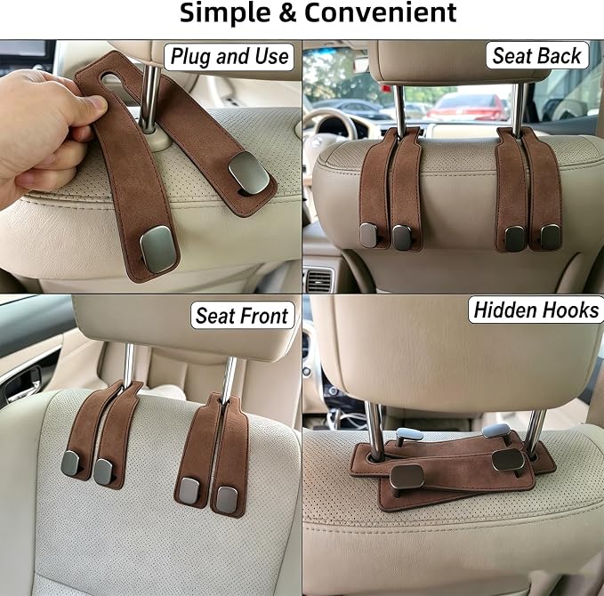 GoldenLife Headrest Hooks for Car, 2 Pack Premium Car Bag Hooks | Secure Heavy-Duty, Elegant & Universal Fit Car Hooks for Purses Handbags Grocery & Backpacks (Brown) - Image 7