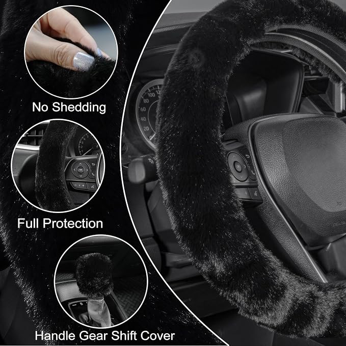 SEG Direct Furry Steering Wheel Cover, Fluffy Fuzzy Gear Shift Cover Black | Gear Shift Cover, 2 PCS Set, Soft and Warm, Cute Fur Auto Car Decor, Standard Size 14.5- 15 inch for Women Men - Image 4